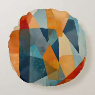 Abstract Angles of Blue and Orange Round Pillow