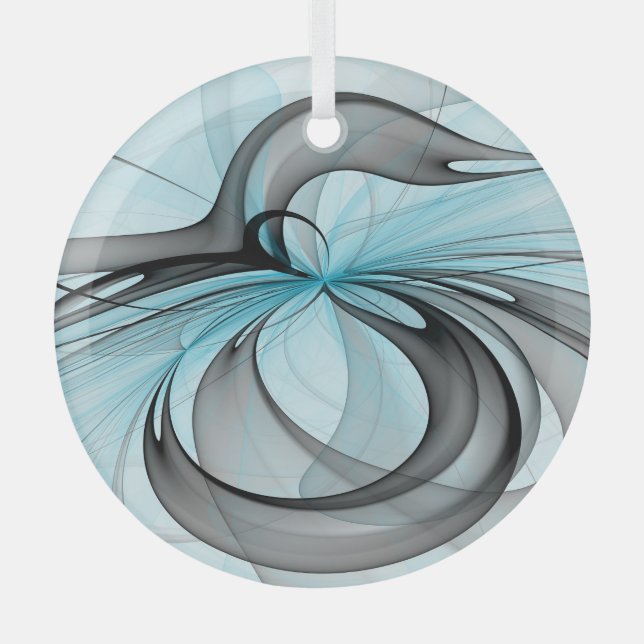 Abstract Anthracite Gray Blue Modern Fractal Art Glass Ornament (Front)