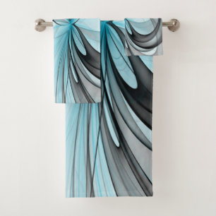 Abstract Anthracite Grey Blue Modern Fractal Art Bath Towel Set