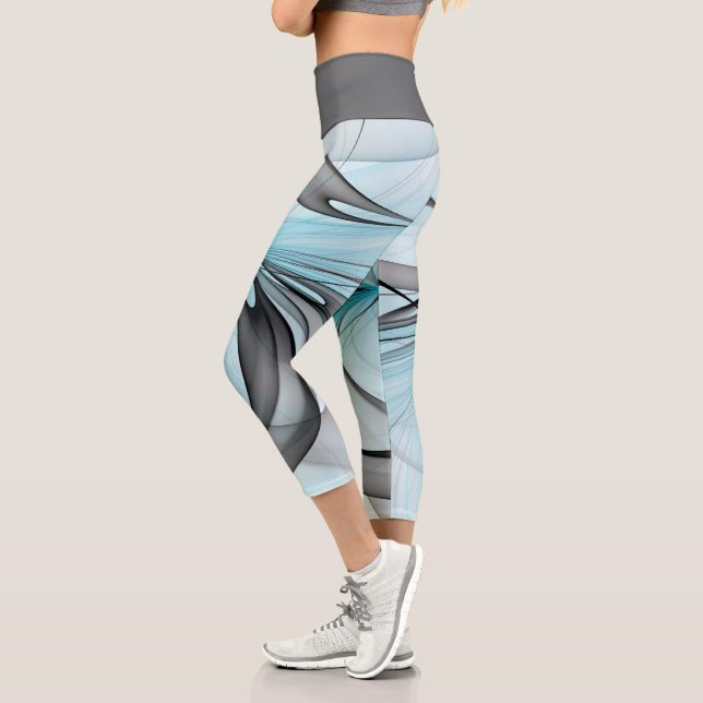 Abstract Anthracite Grey Blue Modern Fractal Art Capri Leggings (Left)