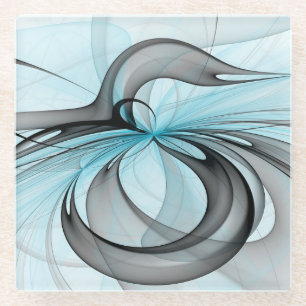 Abstract Anthracite Grey Blue Modern Fractal Art Glass Coaster