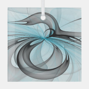 Abstract Anthracite Grey Blue Modern Fractal Art Glass Ornament