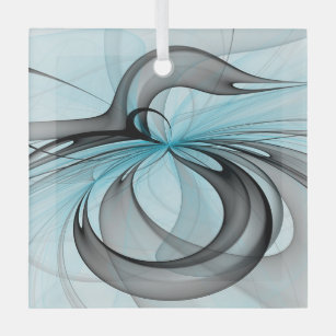 Abstract Anthracite Grey Blue Modern Fractal Art Glass Ornament