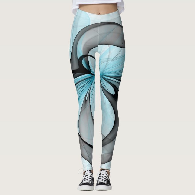 Abstract Anthracite Grey Blue Modern Fractal Art Leggings (Front)