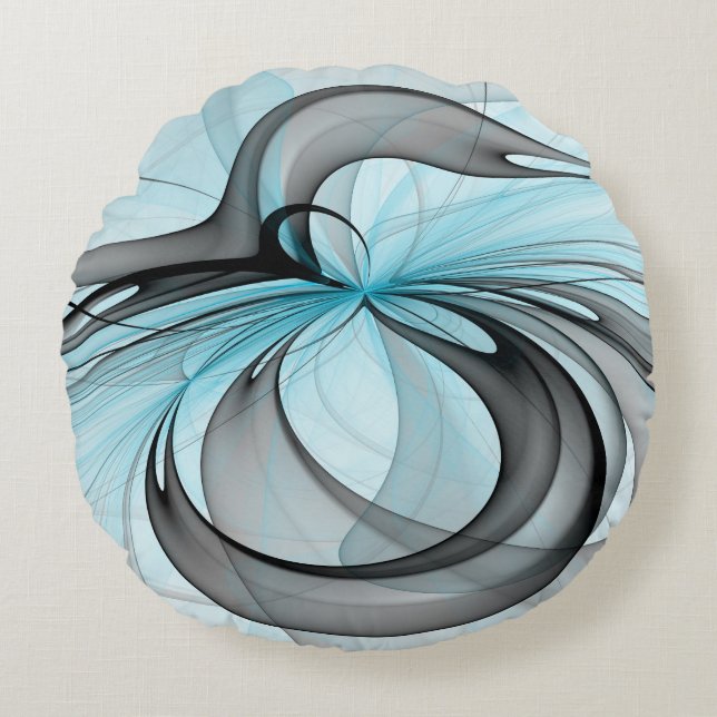 Abstract Anthracite Grey Blue Modern Fractal Art Round Pillow (Front)