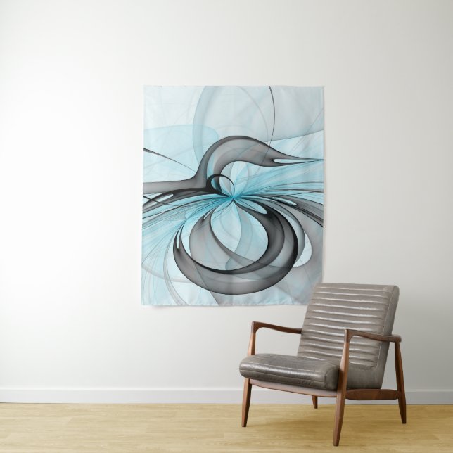 Abstract Anthracite Grey Blue Modern Fractal Art Tapestry (In Situ)