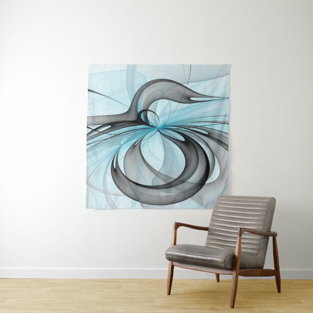 Abstract Anthracite Grey Blue Modern Fractal Art Tapestry (In Situ)