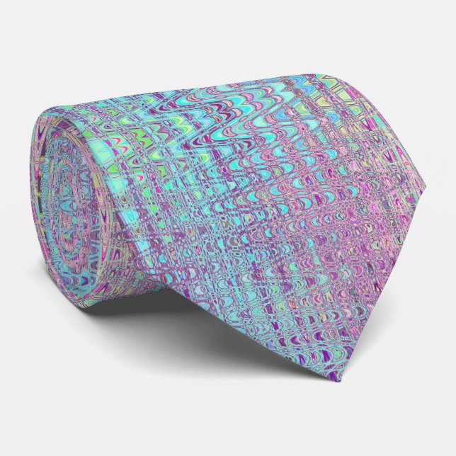Abstract Aqua and Purple Retro Boomerang Waves Tie (Rolled)
