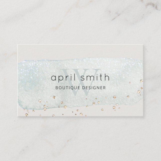 Abstract Aqua Blue Brush Stoke Monogram Glitter Business Card (Front)