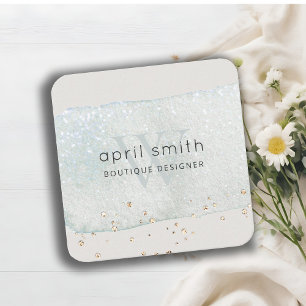 Abstract Aqua Blue Brush Stoke Monogram Glitter Square Business Card