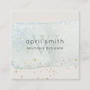 Abstract Aqua Blue Brush Stoke Monogram Glitter Square Business Card
