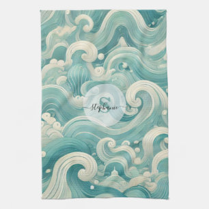 Abstract Aqua Blue & White Wave – Modern Fluid Art Kitchen Towel