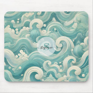Abstract Aqua Blue & White Wave – Modern Fluid Art Mouse Pad