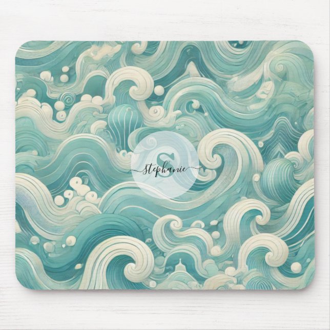 Abstract Aqua Blue & White Wave – Modern Fluid Art Mouse Pad (Front)