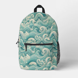 Abstract Aqua Blue & White Wave – Modern Fluid Art Printed Backpack