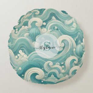 Abstract Aqua Blue & White Wave – Modern Fluid Art Round Pillow
