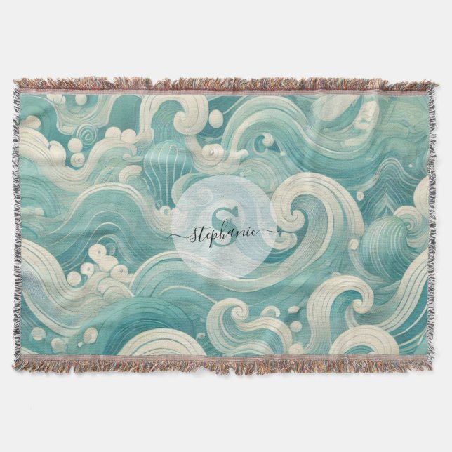Abstract Aqua Blue & White Wave – Modern Fluid Art Throw Blanket (Front)