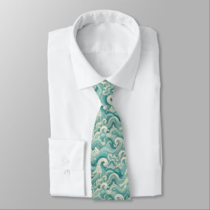 Abstract Aqua Blue & White Wave – Modern Fluid Art Tie