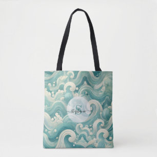 Abstract Aqua Blue & White Wave – Modern Fluid Art Tote Bag