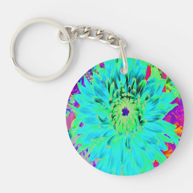 Abstract Aqua Decorative Dahlia Flower Keychain (Front)