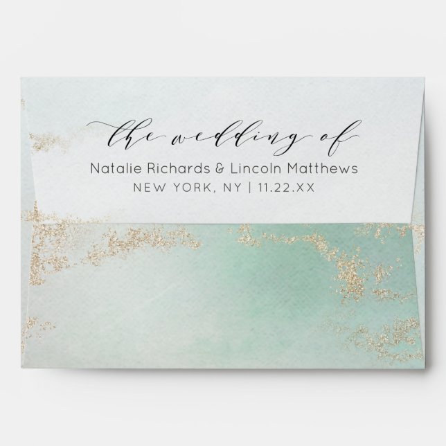 Abstract Aqua Ombre Fade with Frosted Gold Glitter Envelope (Back (Top Flap))