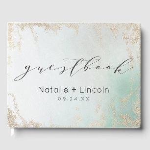Abstract Aqua Ombre Fade with Frosted Gold Glitter Guest Book