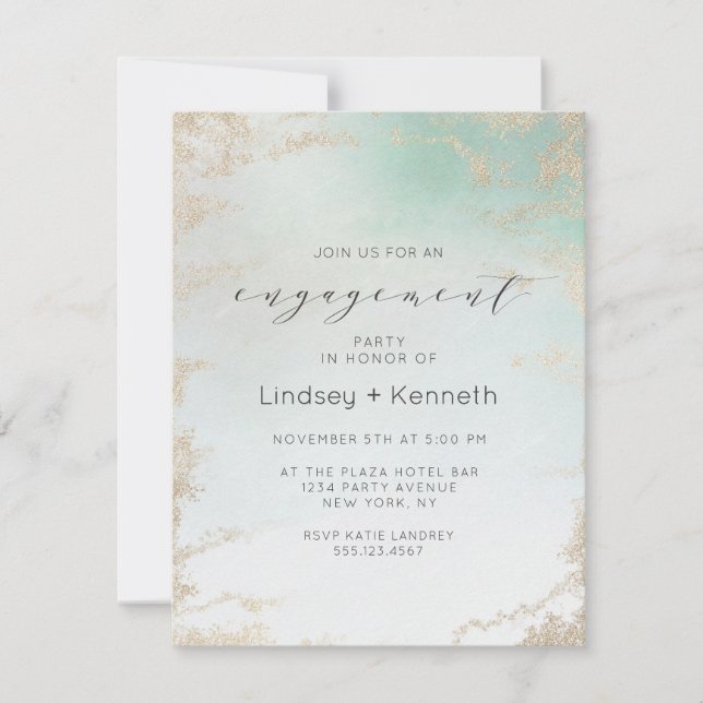 Abstract Aqua Ombre Fade with Frosted Gold Glitter Invitation (Front)