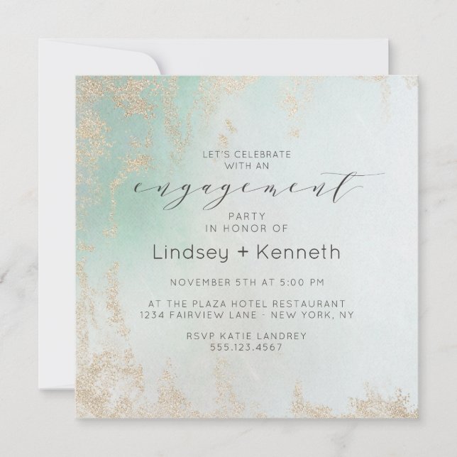 Abstract Aqua Ombre Fade with Frosted Gold Glitter Invitation (Front)