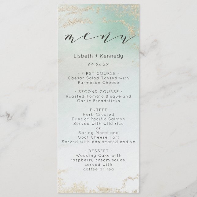 Abstract Aqua Ombre Fade with Frosted Gold Glitter Menu (Front)