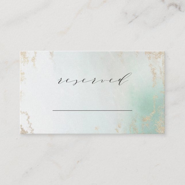 Abstract Aqua Ombre Fade with Frosted Gold Glitter Place Card (Front)