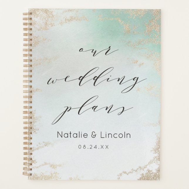 Abstract Aqua Ombre Fade with Frosted Gold Glitter Planner (Front)