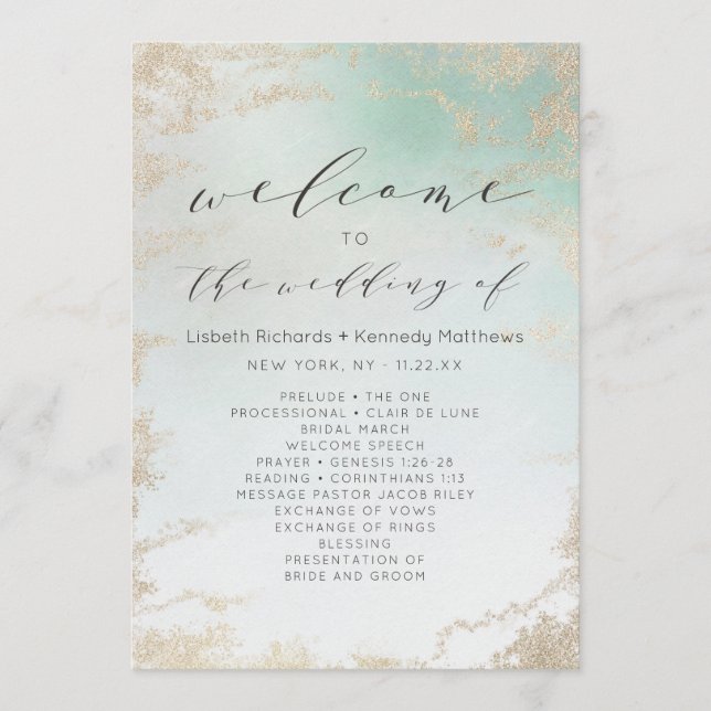 Abstract Aqua Ombre Fade with Frosted Gold Glitter Program (Front)