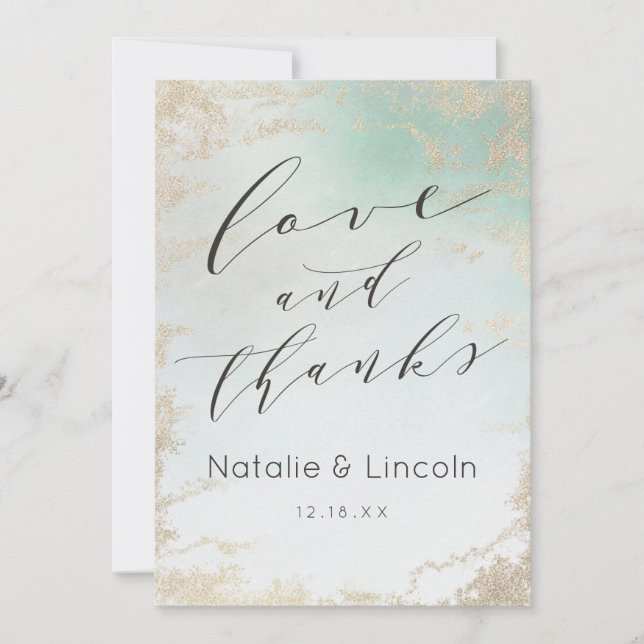 Abstract Aqua Ombre Fade with Frosted Gold Glitter Thank You Card (Front)