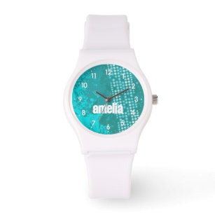 Abstract aqua teal numbered name sports watch