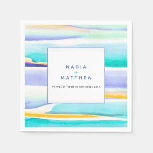 Abstract aqua tropical tide line wedding event napkin