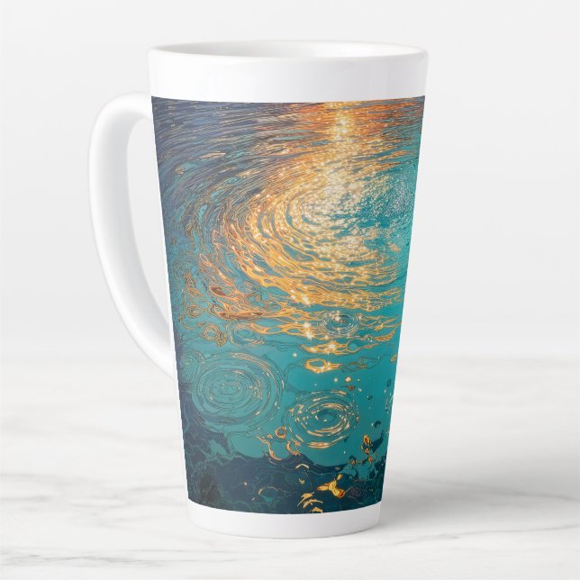 Abstract Aqua Waves with Golden Sunlight Latte Mug (Left Angle)