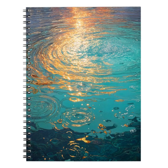 Abstract Aqua Waves with Golden Sunlight Notebook (Front)