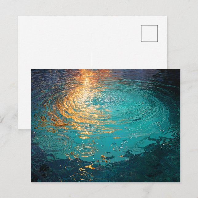 Abstract Aqua Waves with Golden Sunlight Postcard (Front/Back)