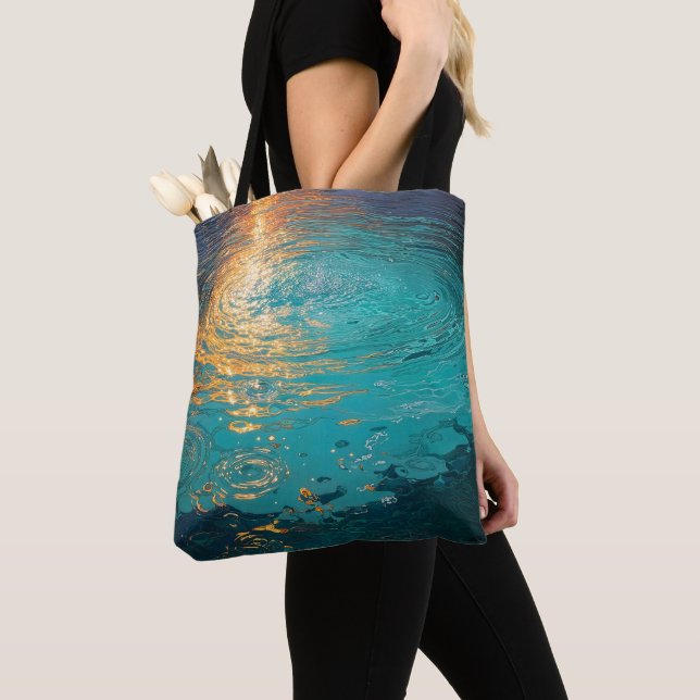 Abstract Aqua Waves with Golden Sunlight Tote Bag (Close Up)