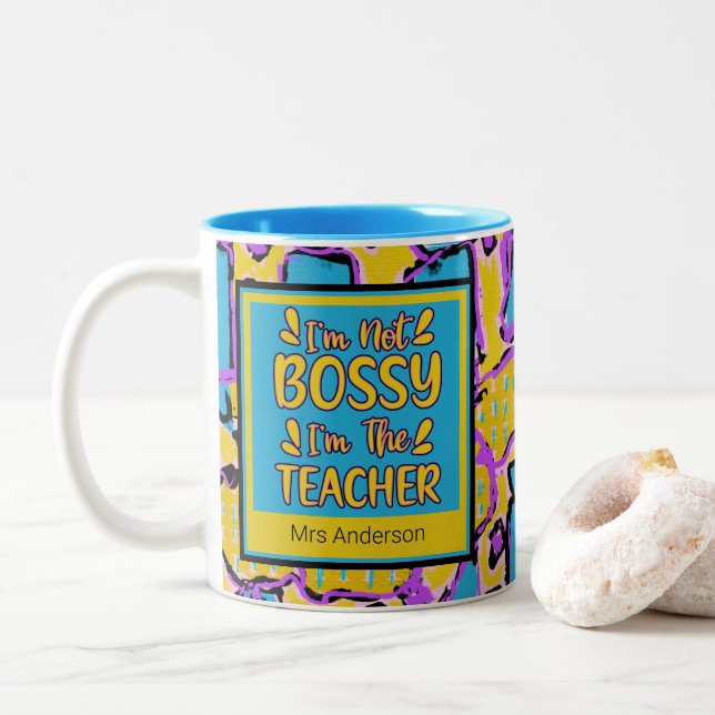 Abstract Art Acrylic Oil Funny Teacher Quote  Coff Two-Tone Coffee Mug (With Donut)