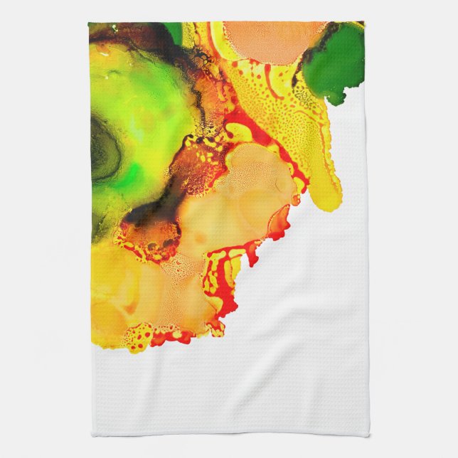 Abstract art alcohol ink yellow green kitchen towel (Vertical)