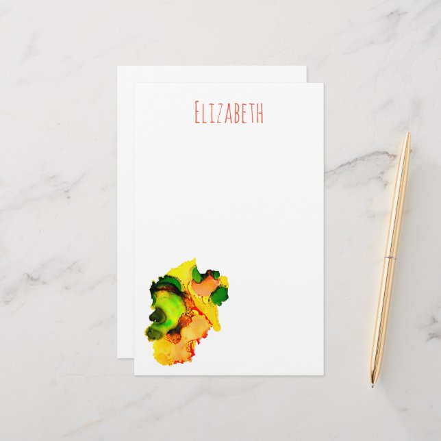 Abstract art alcohol ink yellow green stationery (Front/Back In Situ)