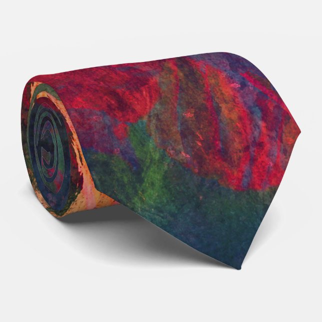 Abstract Art, Autumn Leaves, Red Green Gold Pink Tie (Rolled)