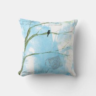 Abstract Art Black Bird Tree Postmarks Text Throw Pillow