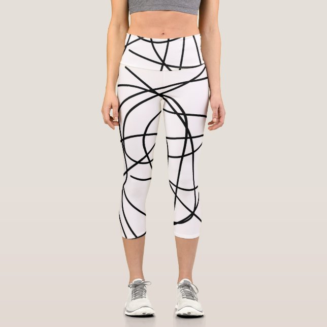 Abstract Art Black White Drawing Lines Minimalism Capri Leggings (Front)