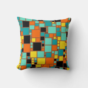 Abstract Art Black Yellow Orange Blue Squares Throw Pillow
