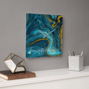 Abstract Art Blue Green Gold Marble Square Wall Clock