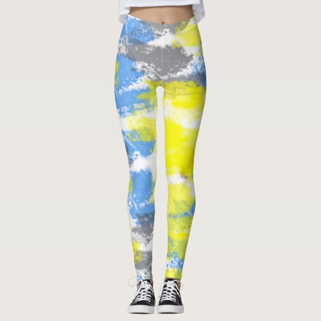 Abstract Art Blue White Yellow Grey Minimalism Leggings (Front)