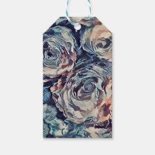 Abstract art brush textured roses print blue beige gift tags