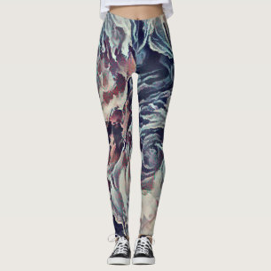 Abstract art brush textured roses print blue beige leggings